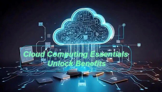 Illustration of cloud computing essentials showcasing business benefits like scalability, efficiency, and innovation